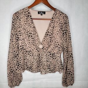 Lulus Having a Moment Blouse Taupe Leopard Print Deep Vneck Sheer Balloon Sleeve